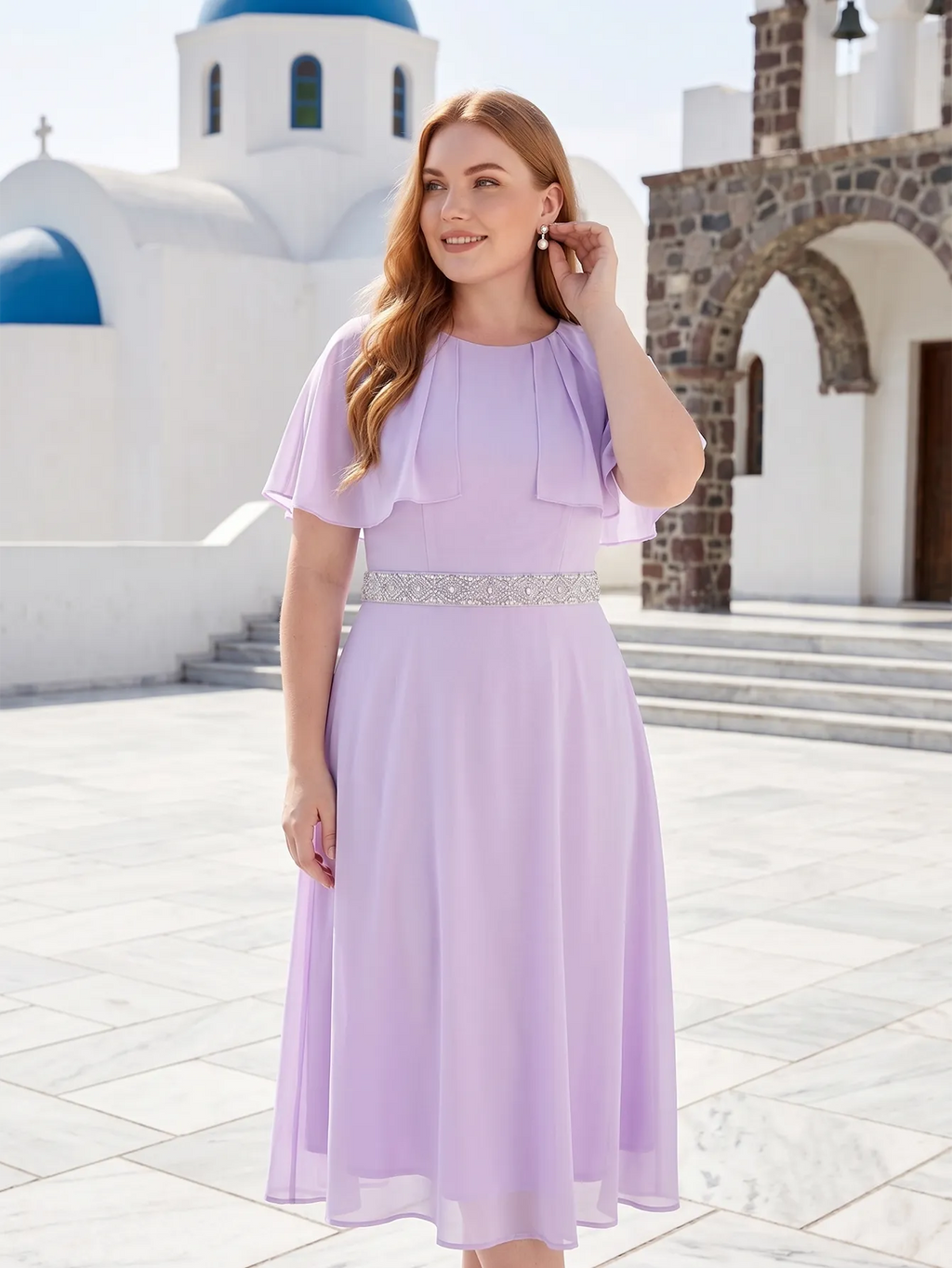 Larui Plus Size Women‘s Cape Sleeves Chiffon Midi Dress
