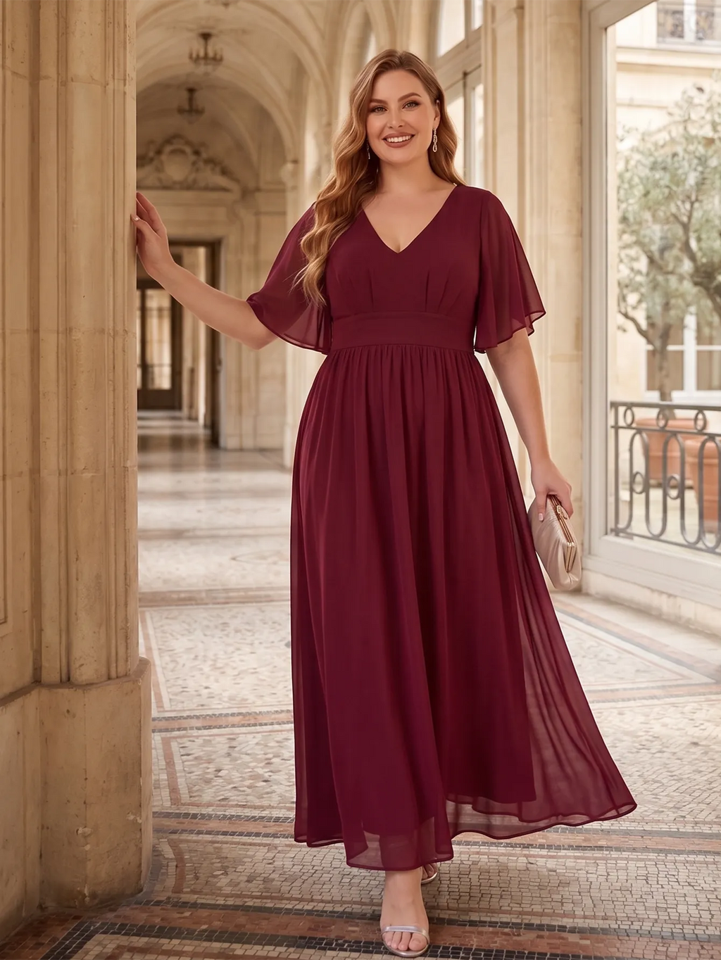 Larui Plus Size Women‘s V-Neck Chiffon Ruffles Sleeves Dress