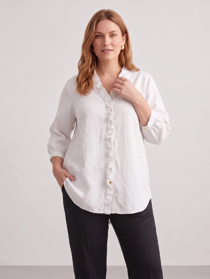 Larui Plus Size Women's Linen Ruffles 3/4 Sleeves Blouse