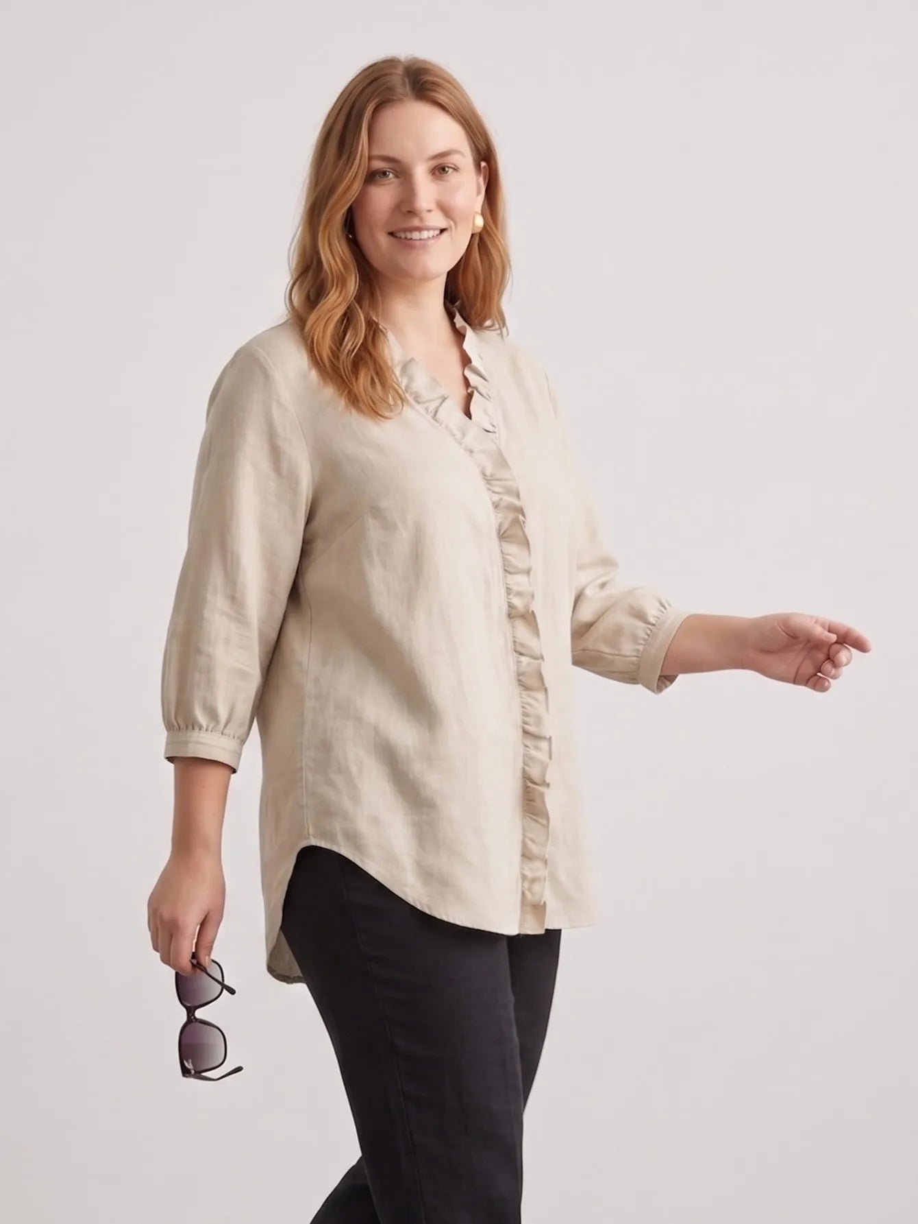 Larui Plus Size Women's Linen Ruffles 3/4 Sleeves Blouse