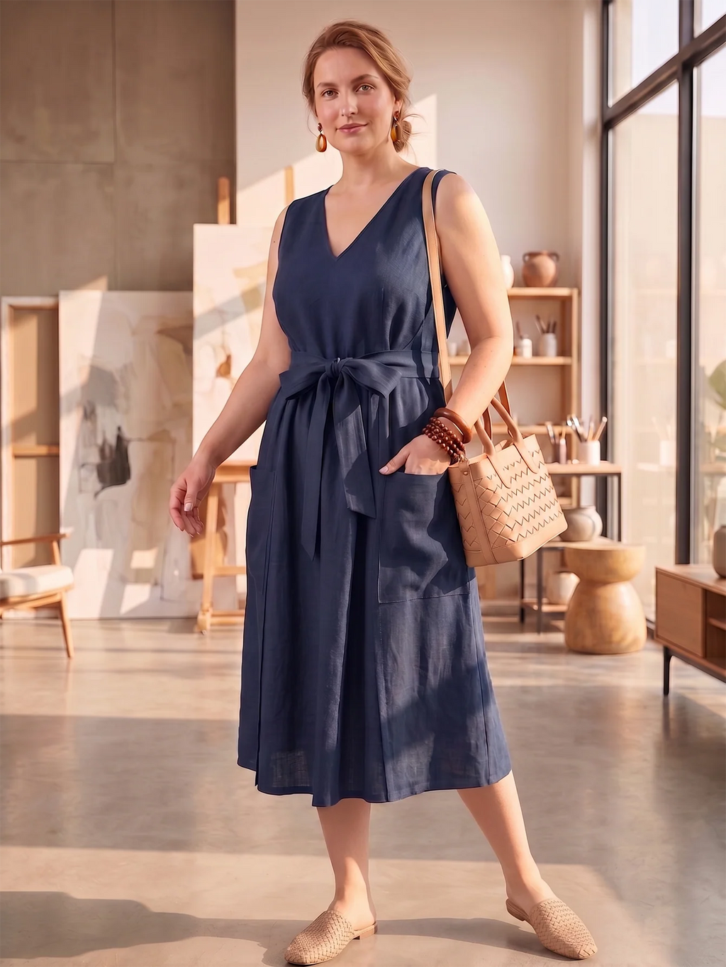 Larui Plus-Size Women's Reversible Open-Front Tie-Up Apron-Style Linen Dress