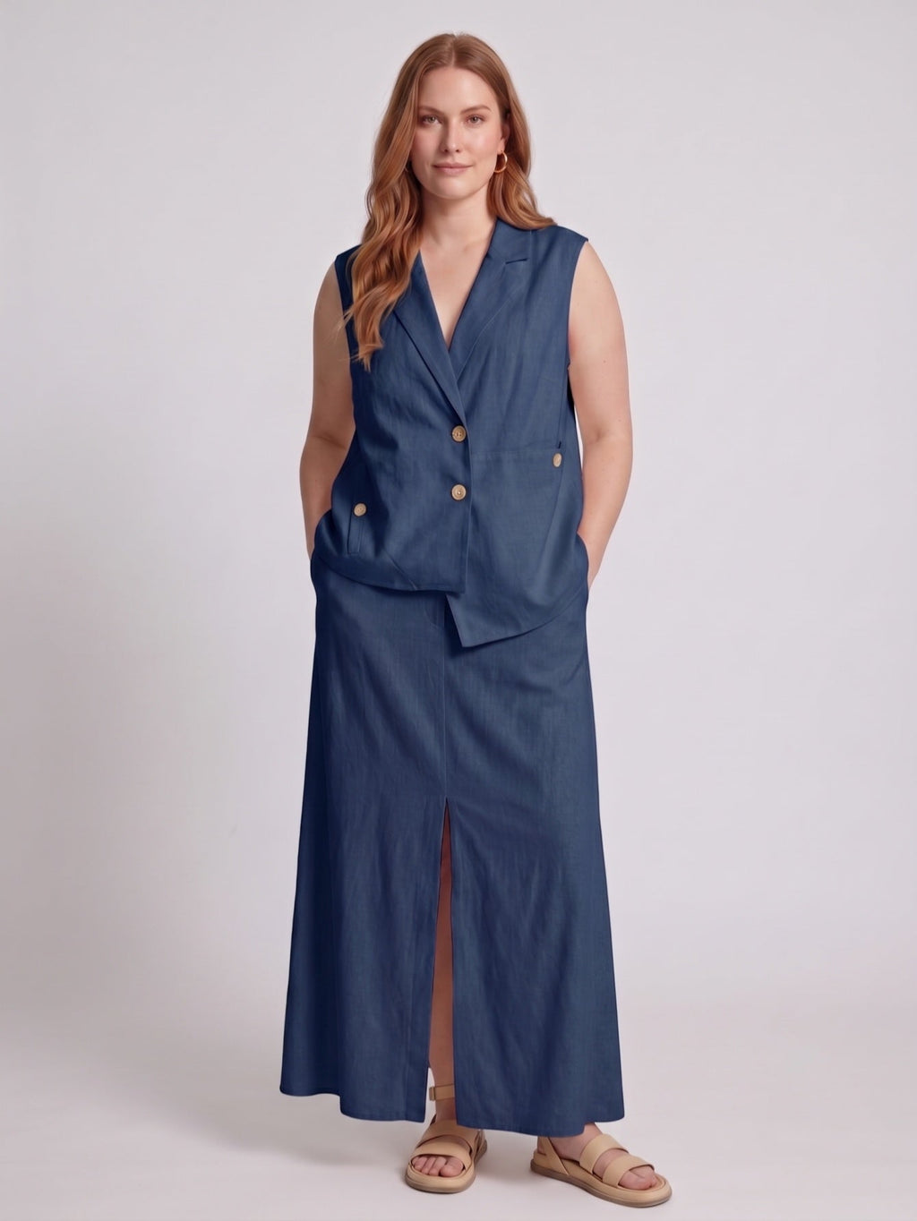 Larui Plus Size Women's LinenSkirt Set (With Asymmetric Hem Tank Top)