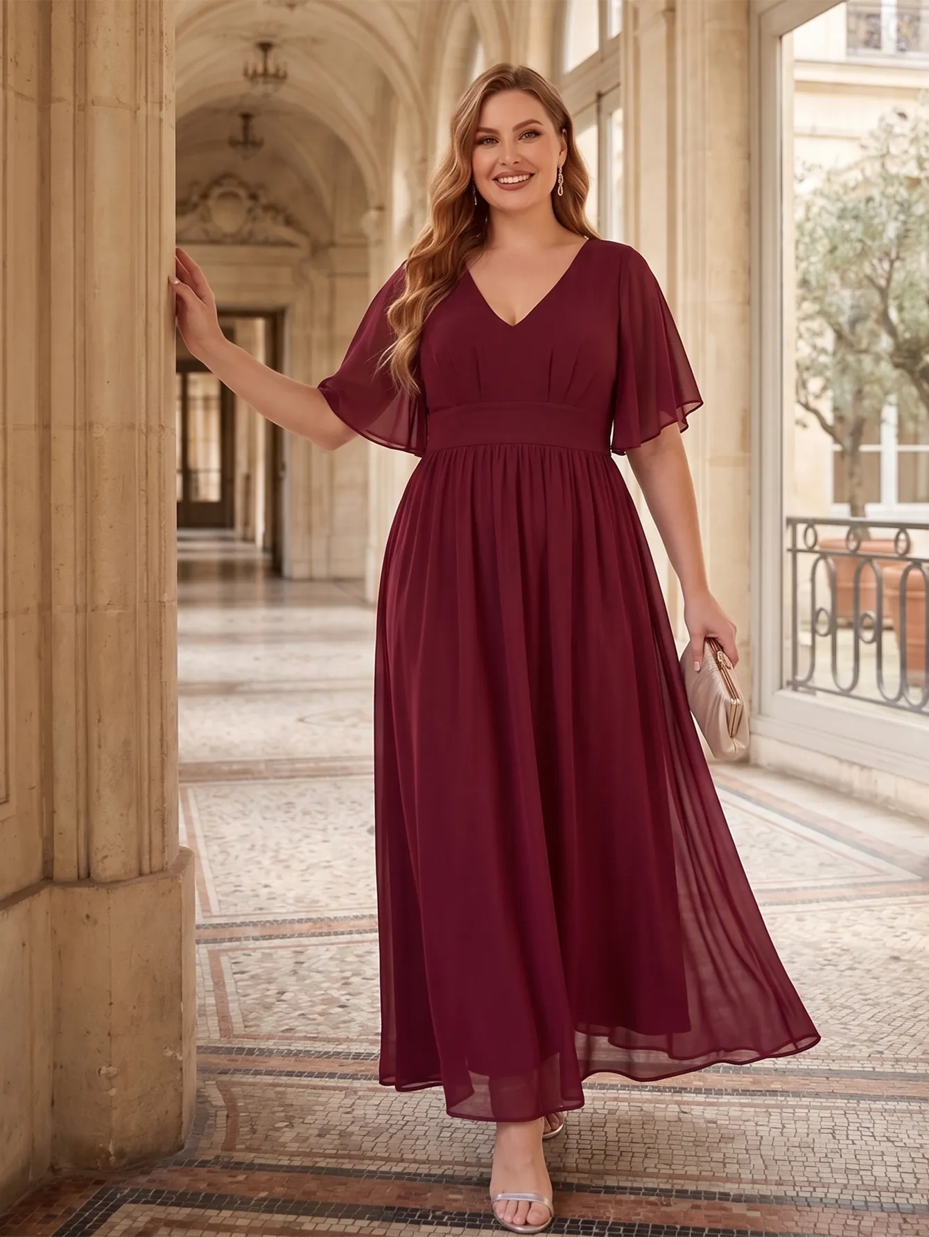 Larui Plus Size Women‘s V-Neck Chiffon Ruffles Sleeves Dress
