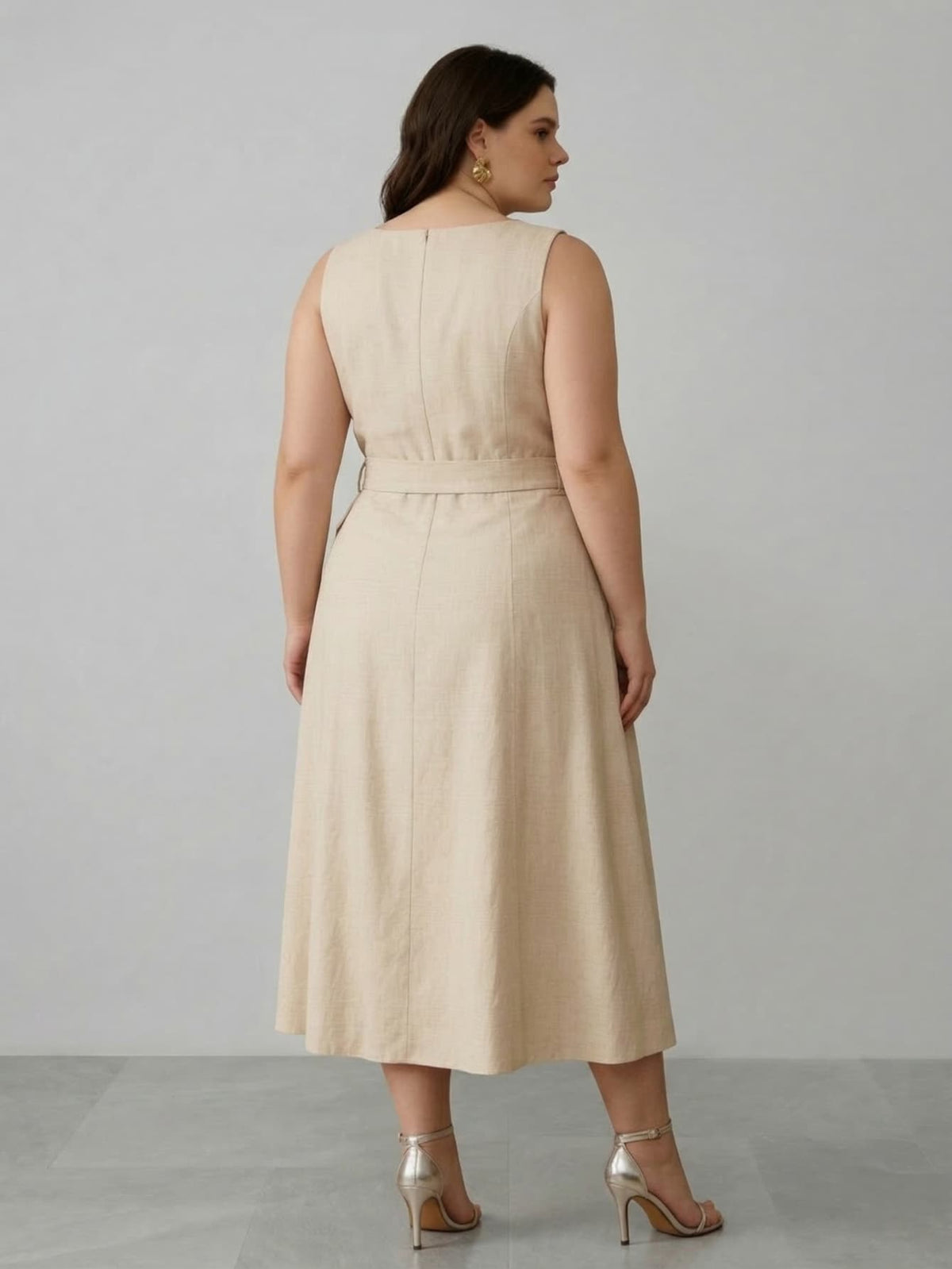 Larui Plus Size Women‘s Linen  Sleeveless Dress With Belt