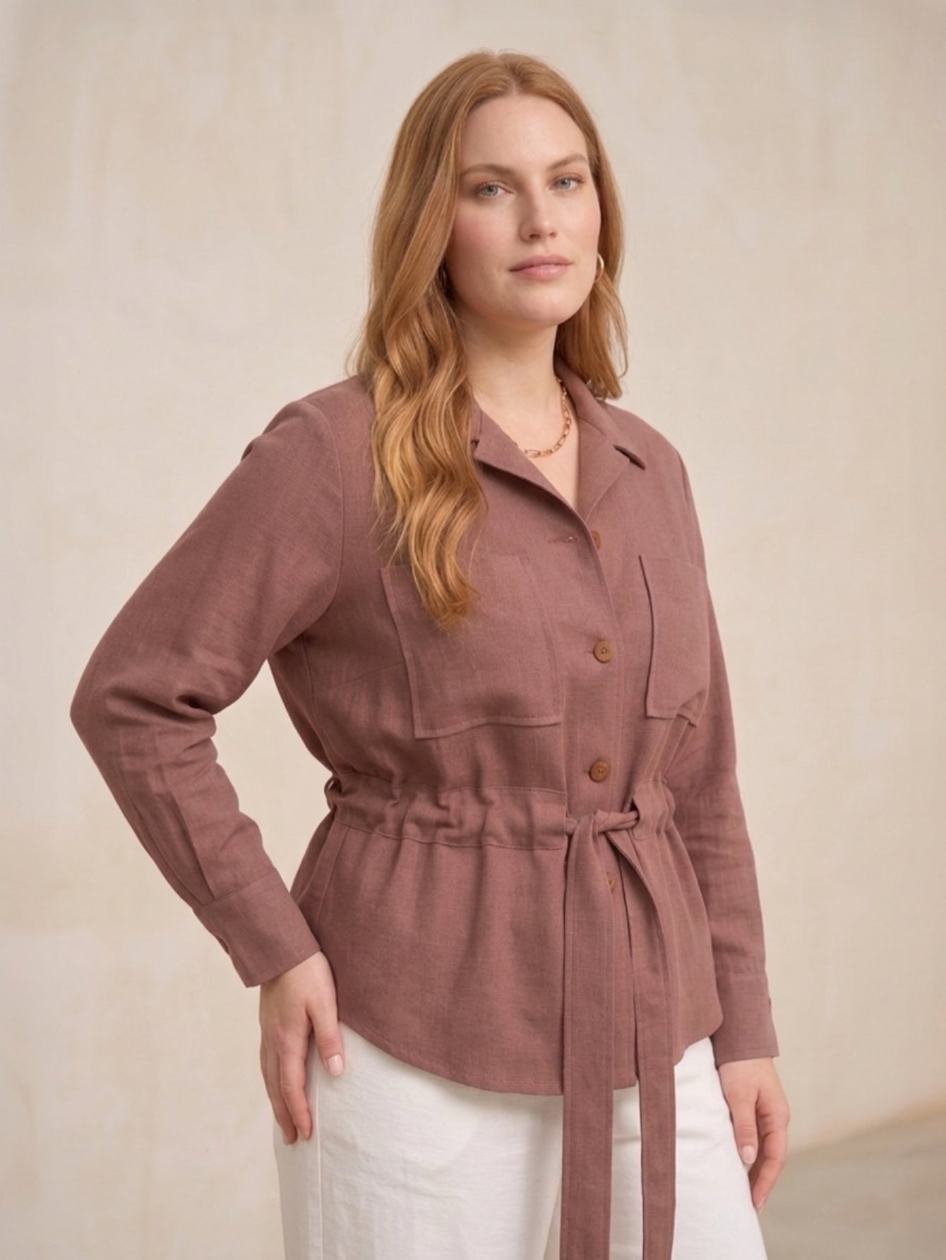 Larui Plus Size Women's Linen Pocket Belted Blouse