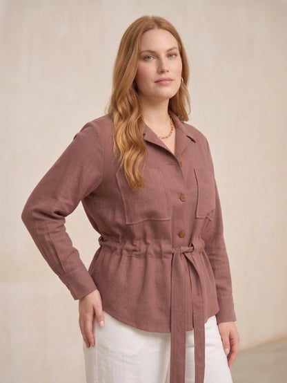 Larui Plus Size Women's Linen Pocket Belted Blouse