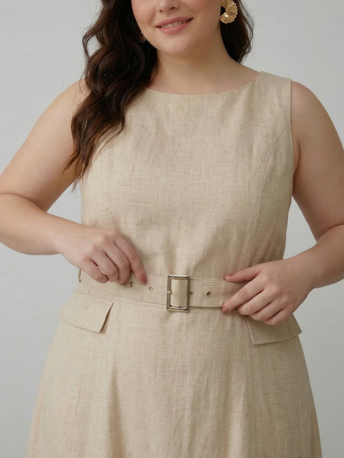 Larui Plus Size Women‘s Linen  Sleeveless Dress With Belt
