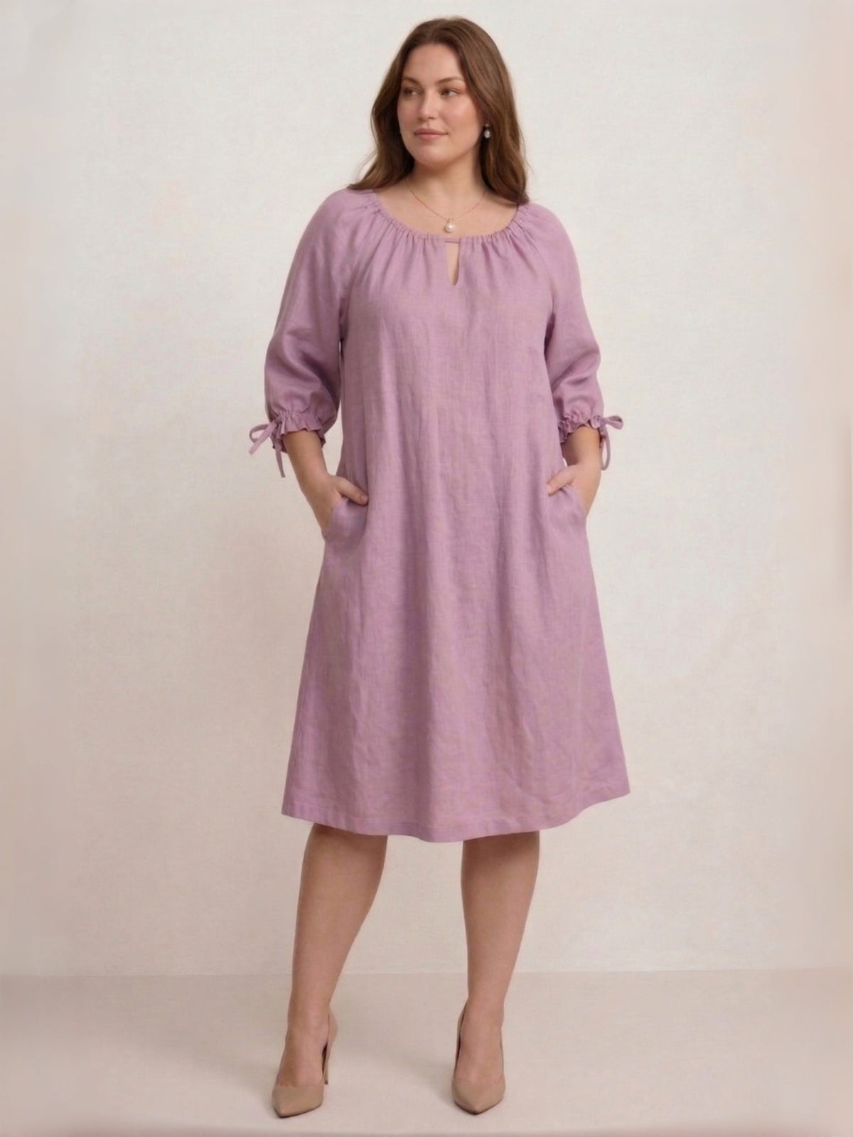 Larui Plus Size Women's Linen 3/4 Sleeves Dress With Belted