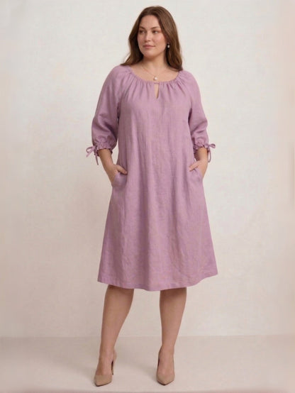 Larui Plus Size Women's Linen 3/4 Sleeves Dress With Belted