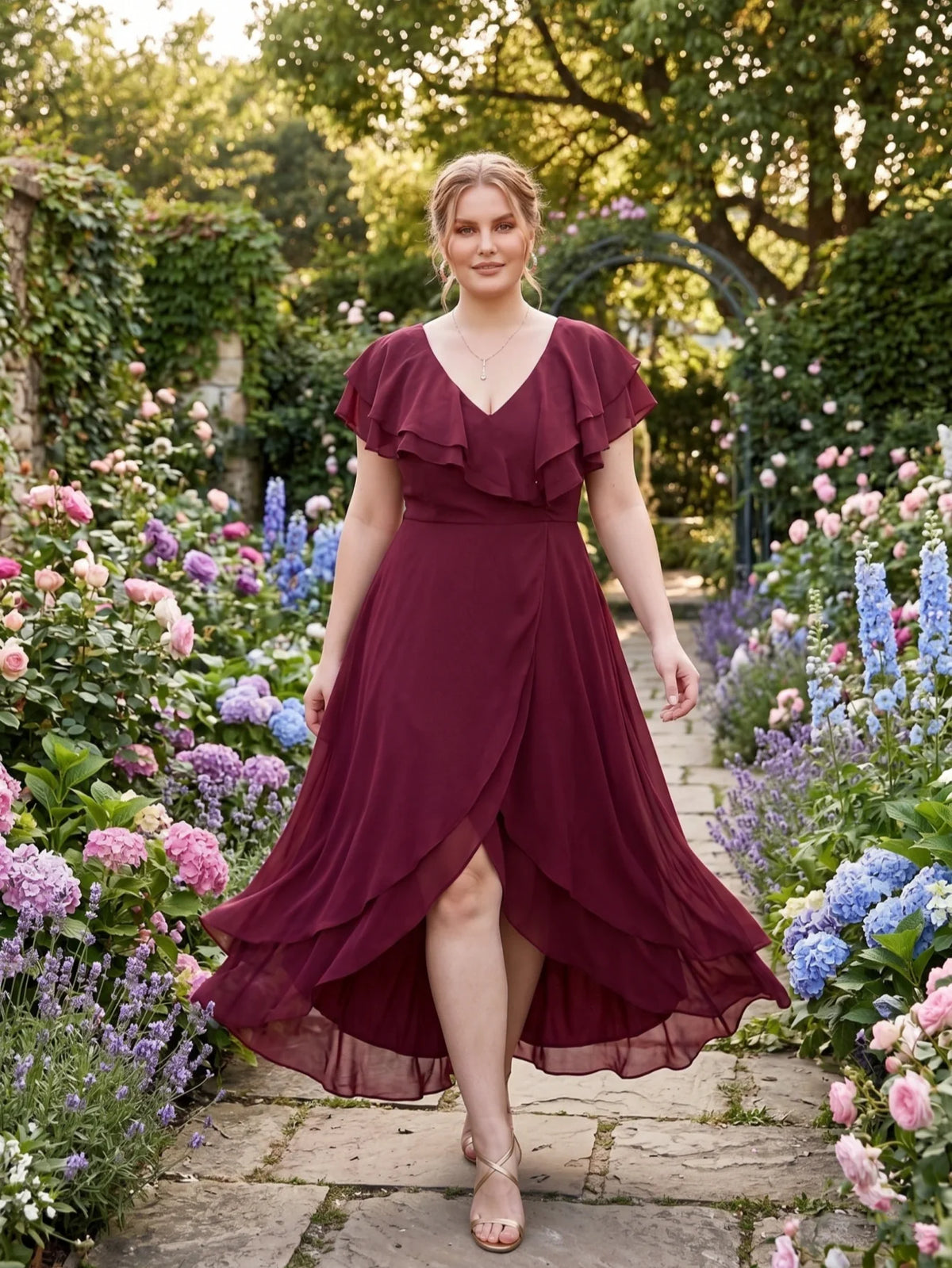Larui Plus Size Women's Ruffle Sleeve Chiffon Dress