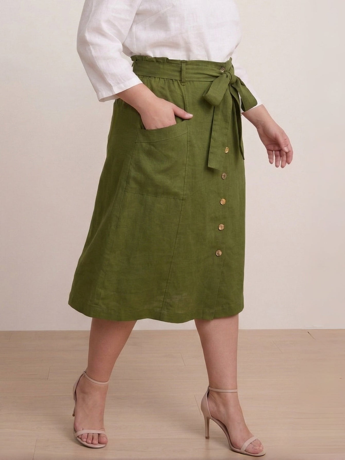 Larui Plus Size Women's Linen Pocket Midi Skirt With Belted