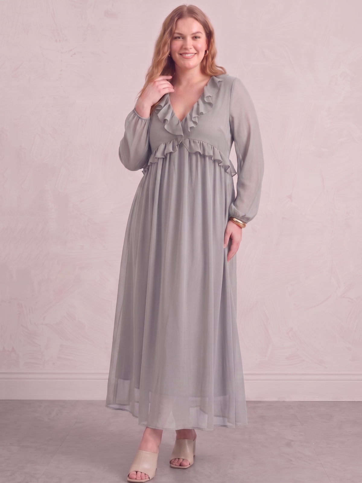 Larui Plus Size Women‘s Chiffon Ruffled V-Neck Dress