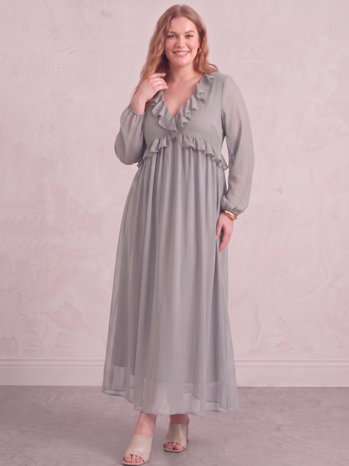 Larui Plus Size Women‘s Chiffon Ruffled V-Neck Dress