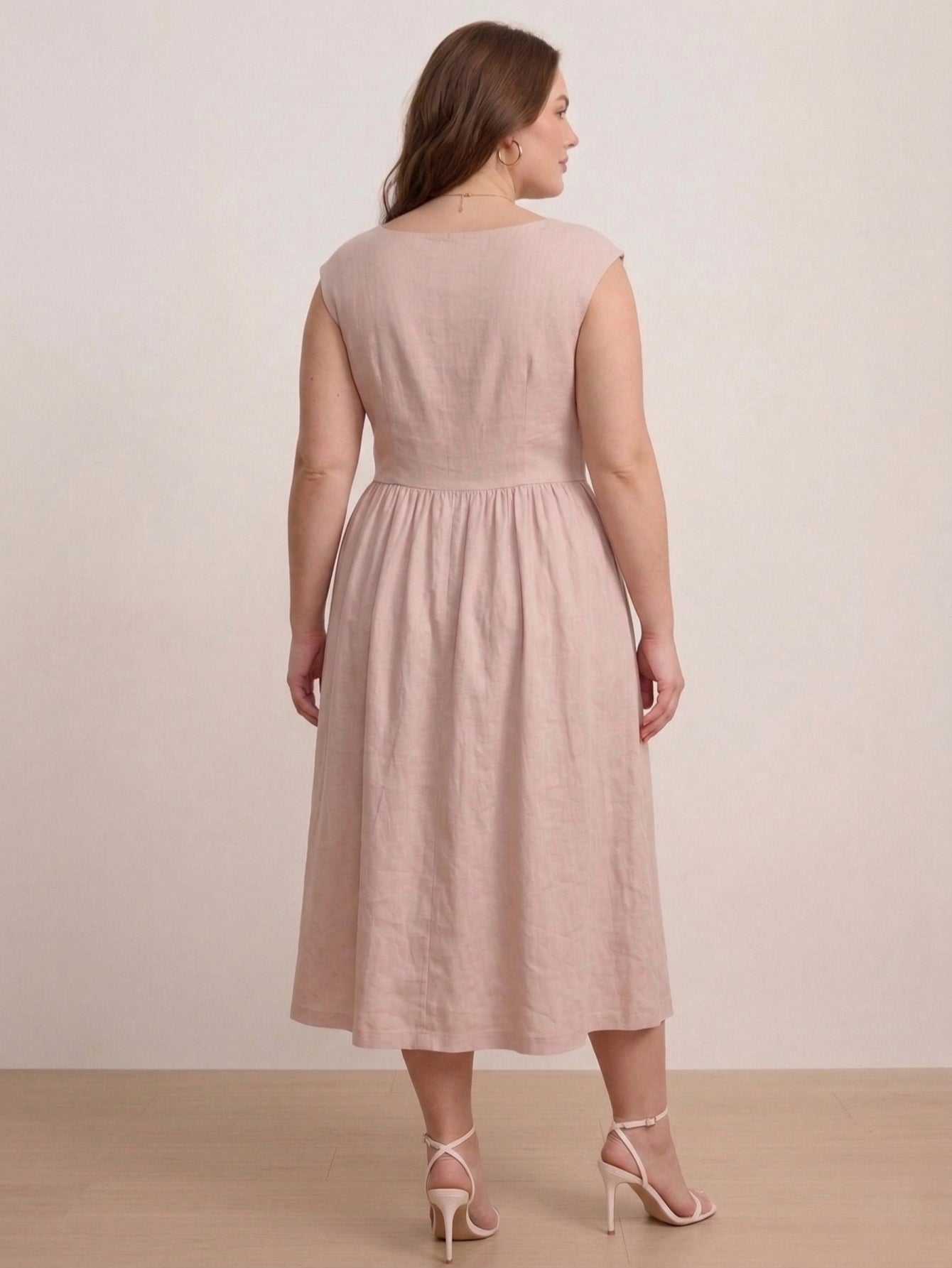 Larui Plus Size Women's Linen  Square Collar Buttons Dress