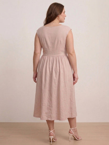 Larui Plus Size Women's Linen  Square Collar Buttons Dress