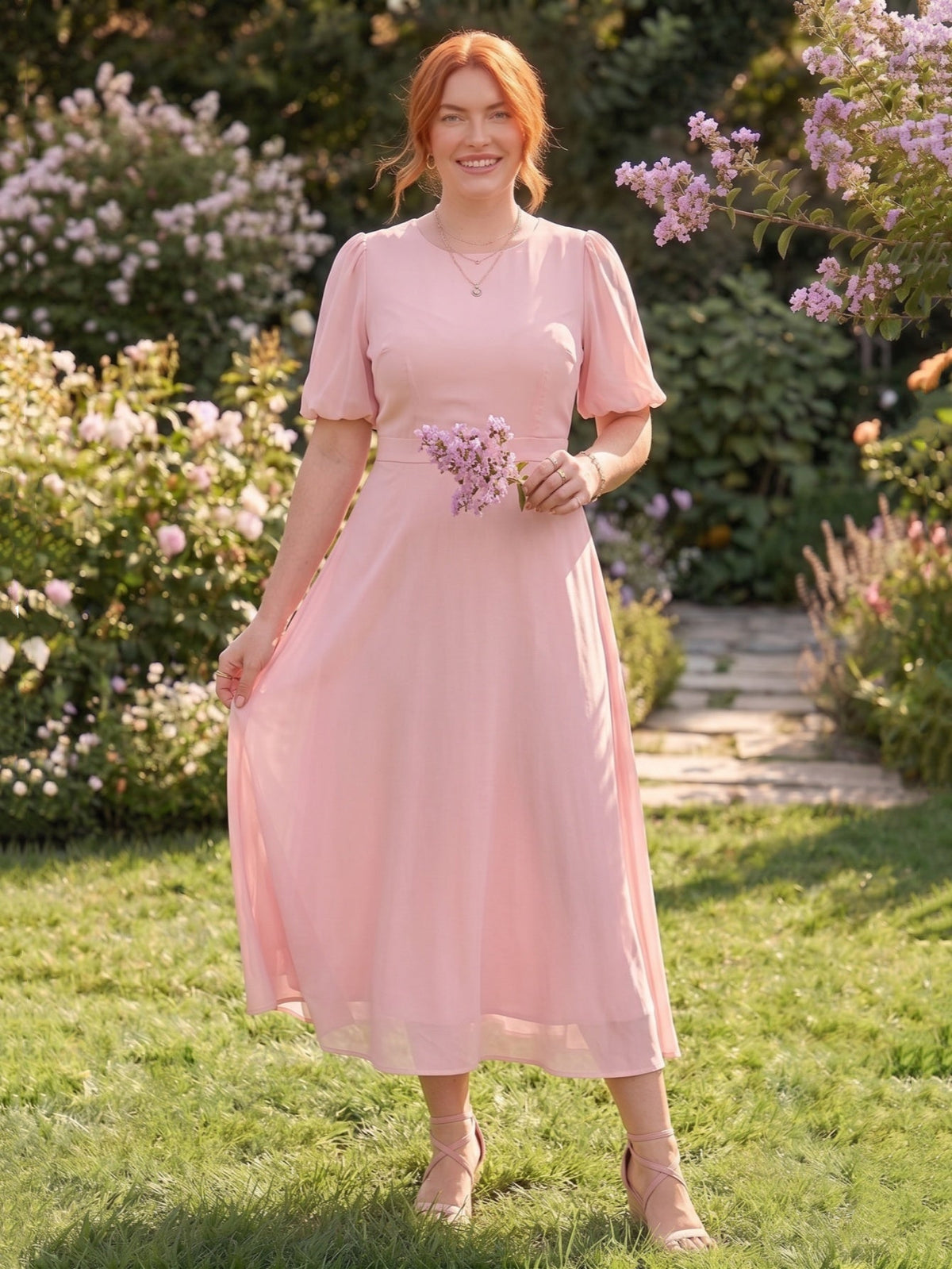 Larui Plus-Size Women's Puff-Sleeve Crew-Neck Dress