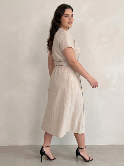 Larui Plus Size Women‘s Linen V Neck Dress With Belted