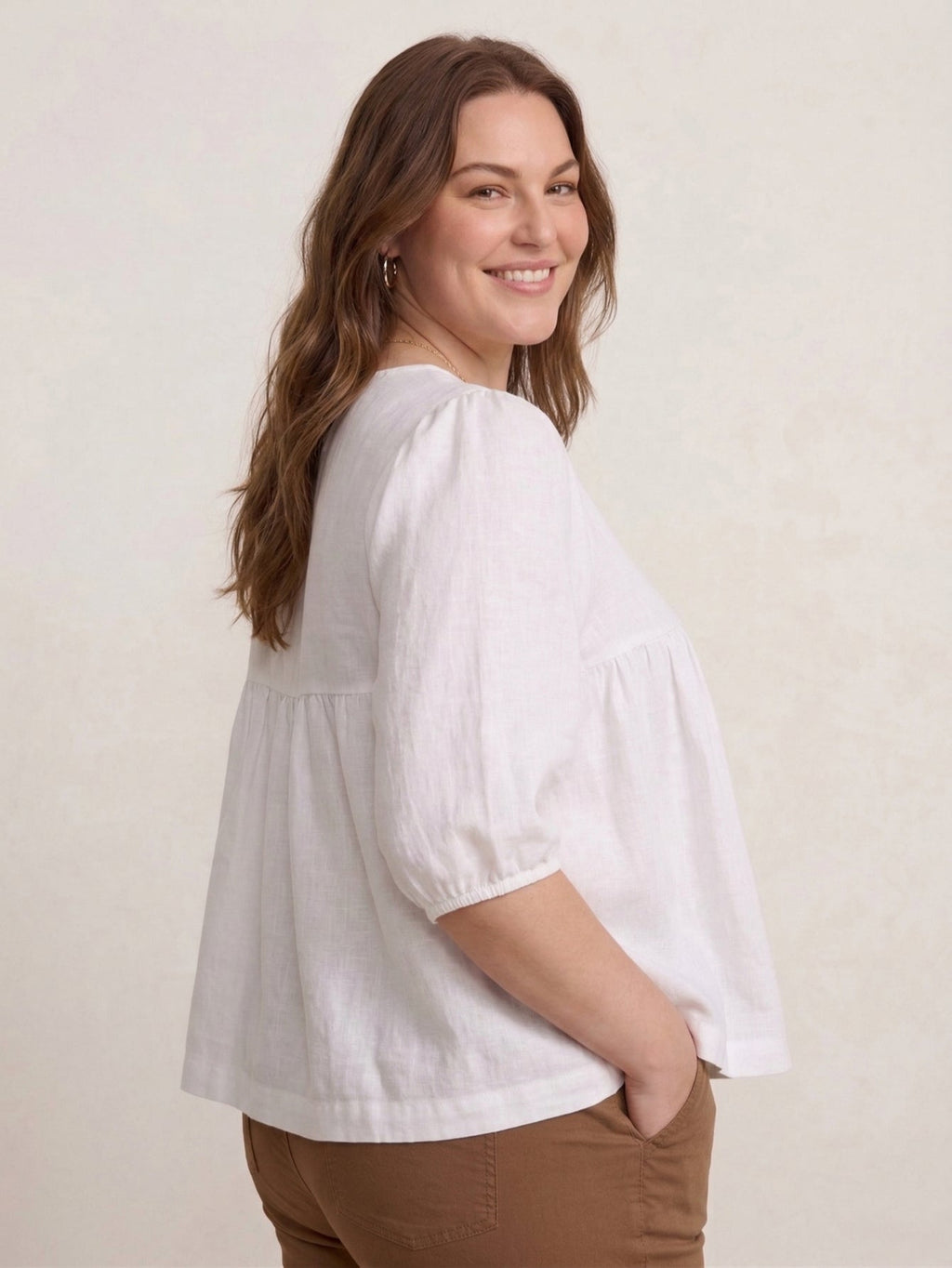 Larui Plus Size Women's Linen  Pleated 3/4 Sleeves Blouse
