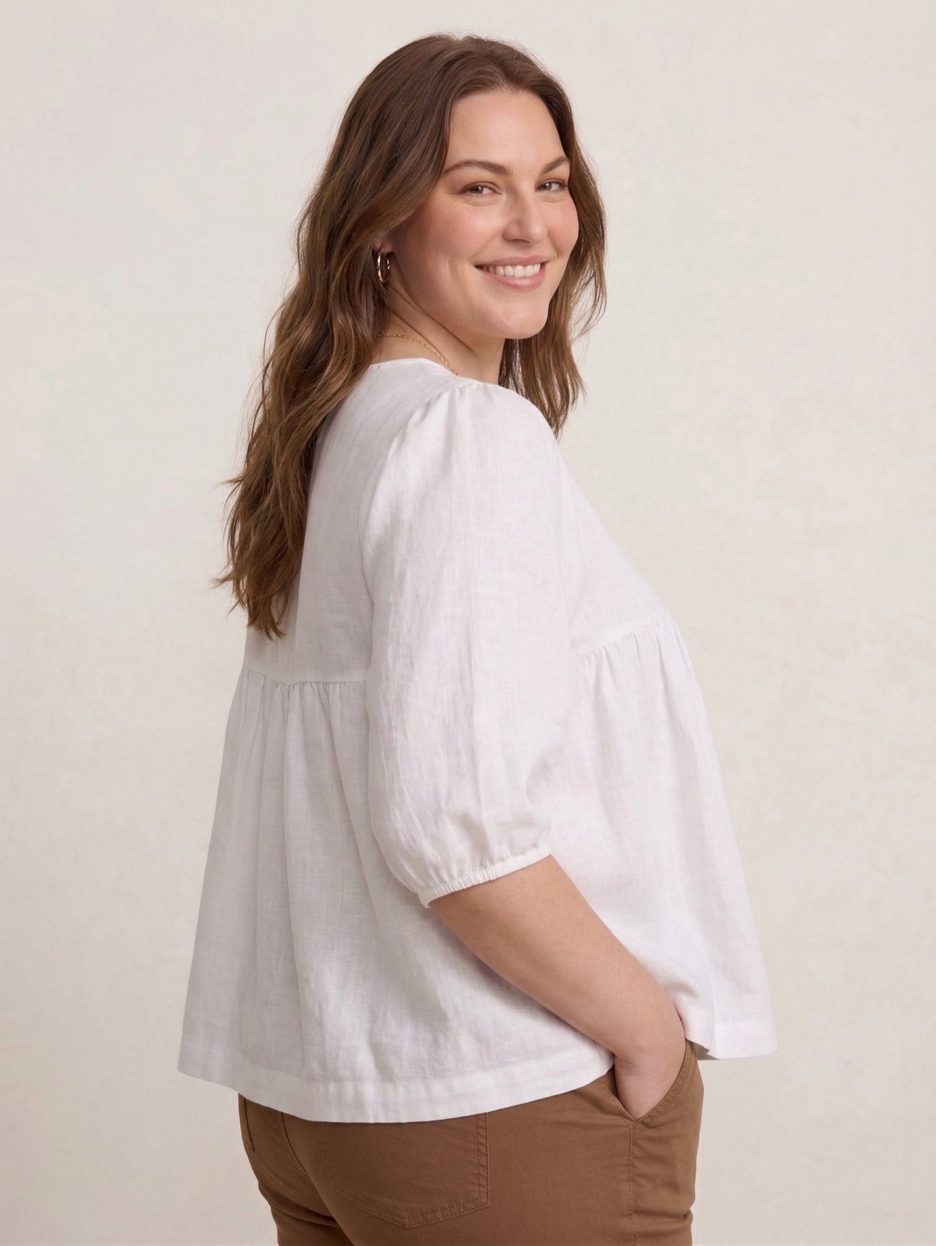 Larui Plus Size Women's Linen  Pleated 3/4 Sleeves Blouse