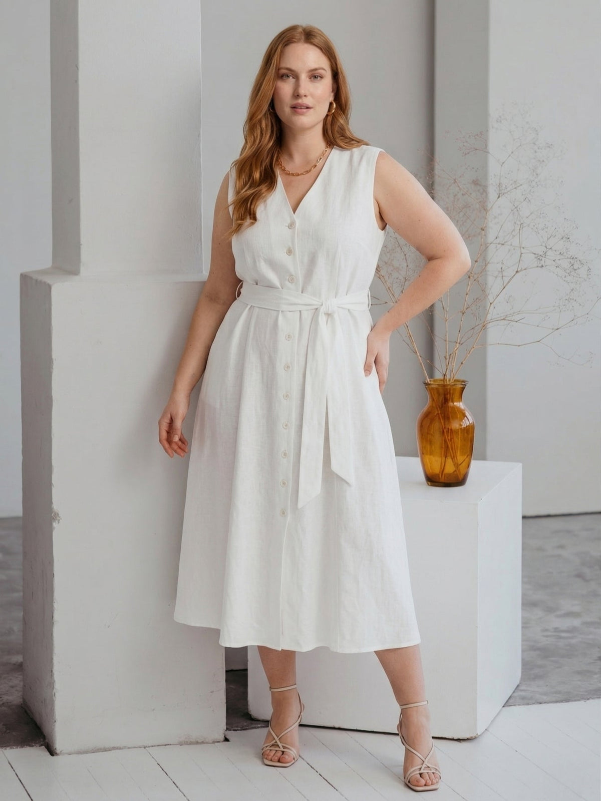 Larui Plus Size Women's Linen V-Neck Dress With Belted