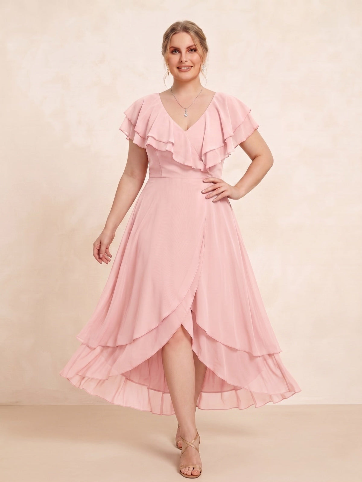 Larui Plus Size Women's Ruffle Sleeve Chiffon Dress