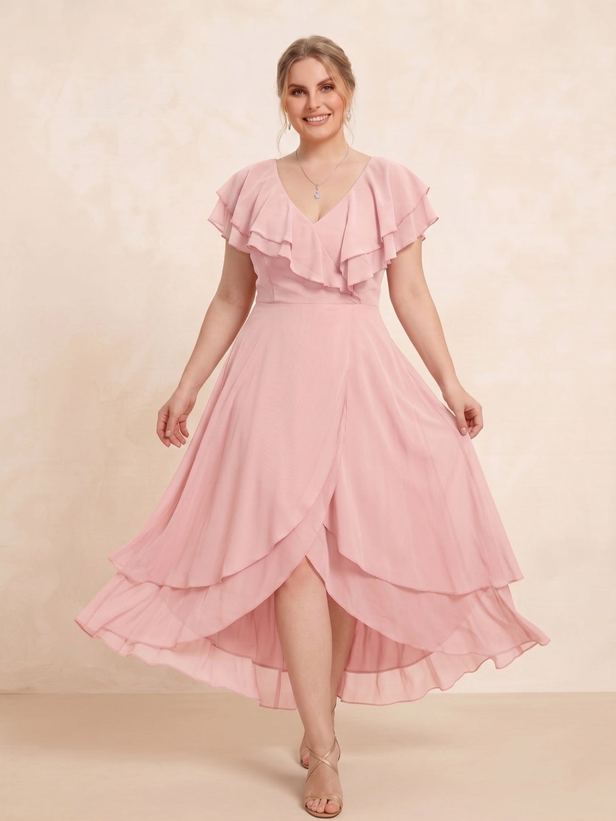 Larui Plus Size Women's Ruffle Sleeve Chiffon Dress