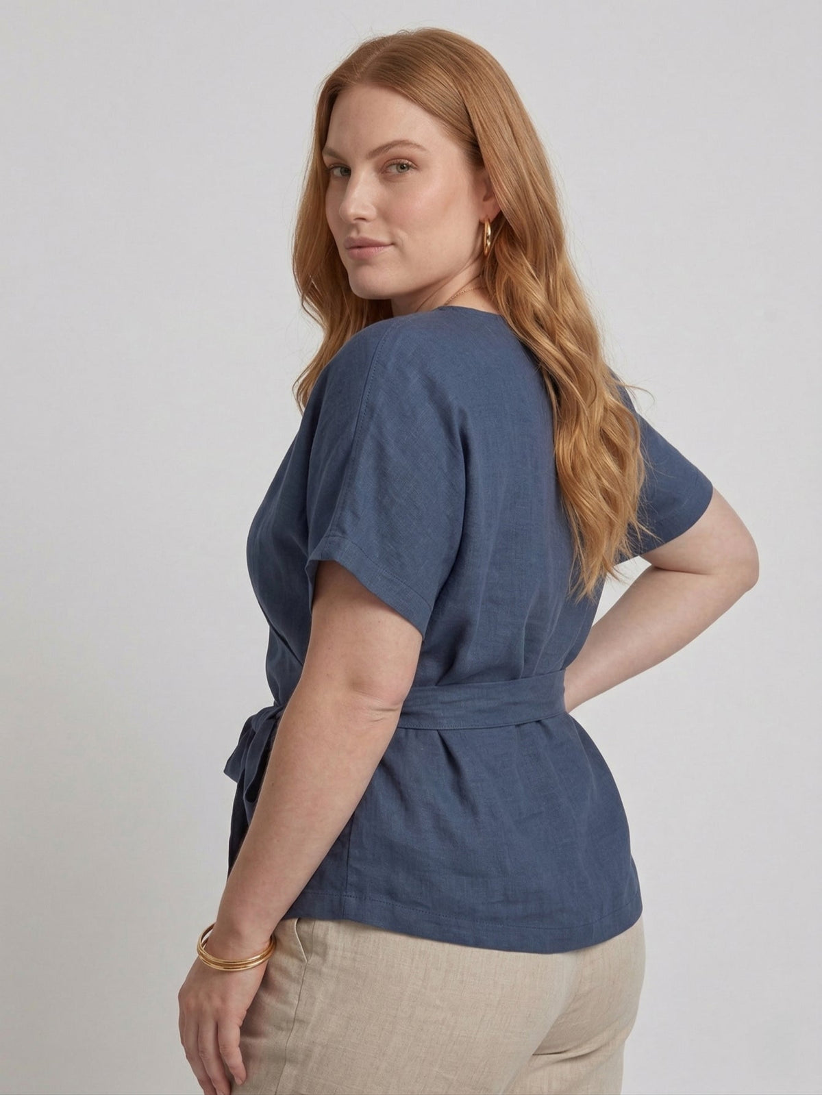 Larui Plus Size Women's Linen Short Sleeves Blouse With Belted