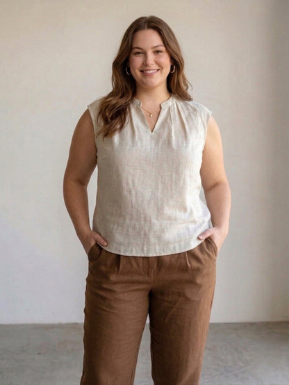 Larui Plus Size Women's Linen V-Neck Sleeveless Vest