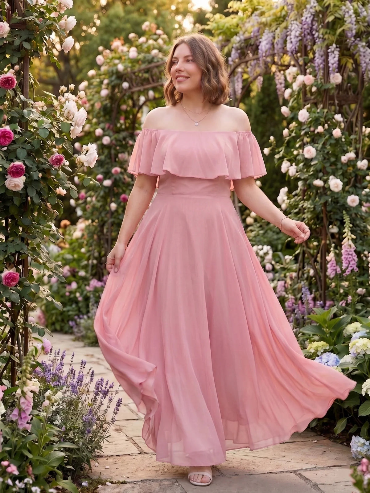 Larui Plus-Size Elegant Off-Shoulder Chiffon Dress