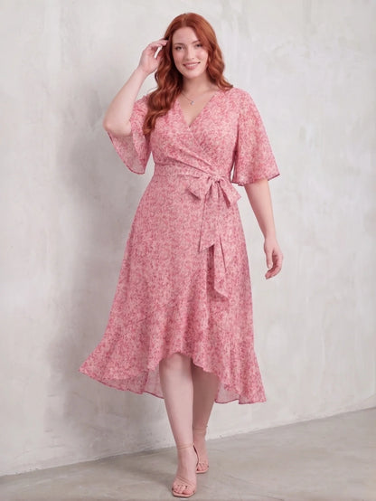 Larui Plus Size Elegant Chiffon Tie-Wrap Dress