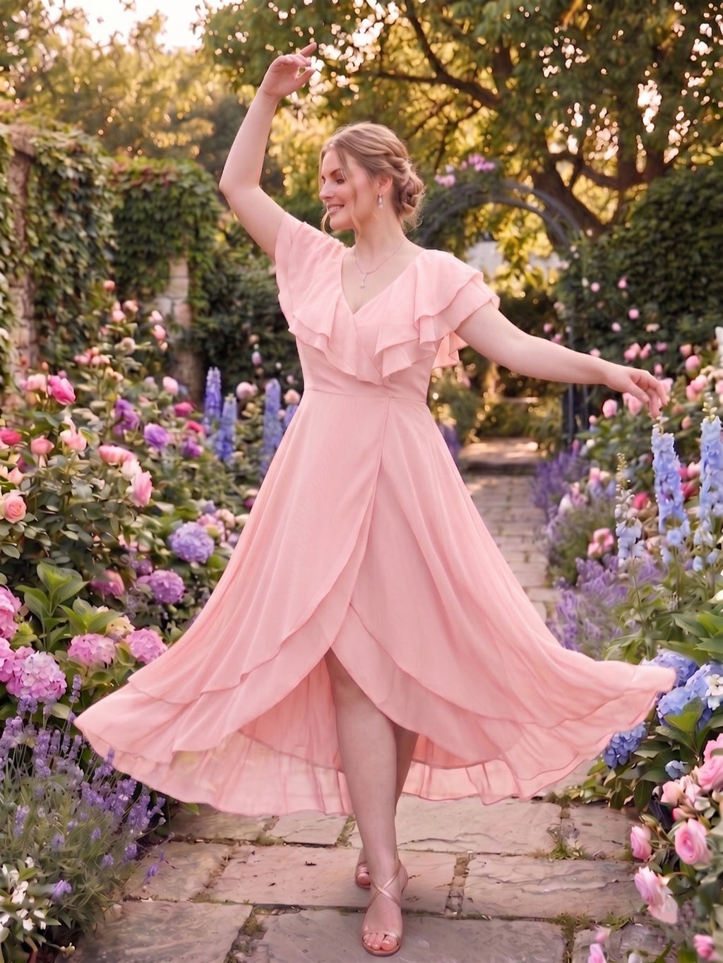 Larui Plus Size Women's Ruffle Sleeve Chiffon Dress