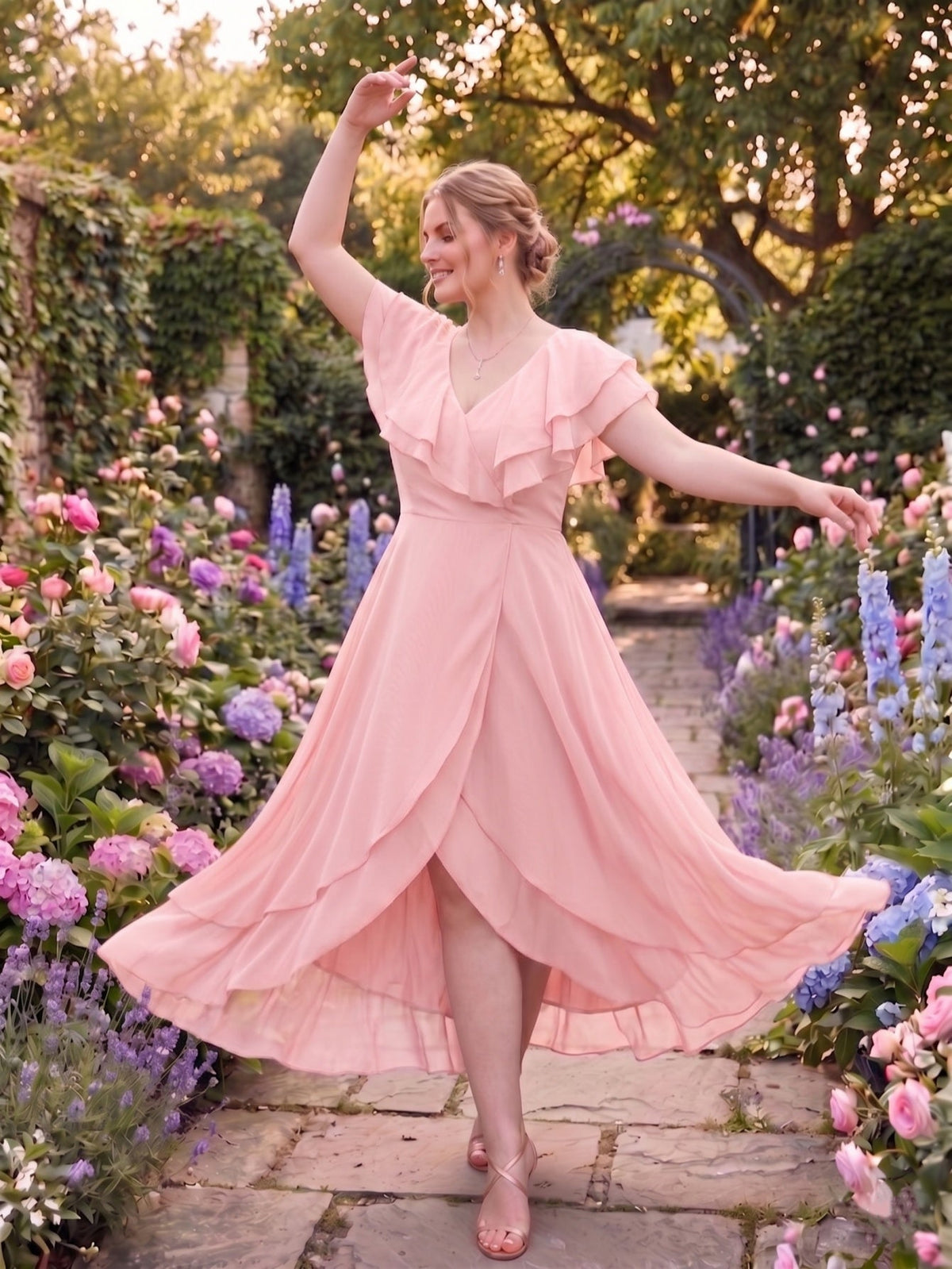 Larui Plus Size Women's Ruffle Sleeve Chiffon Dress