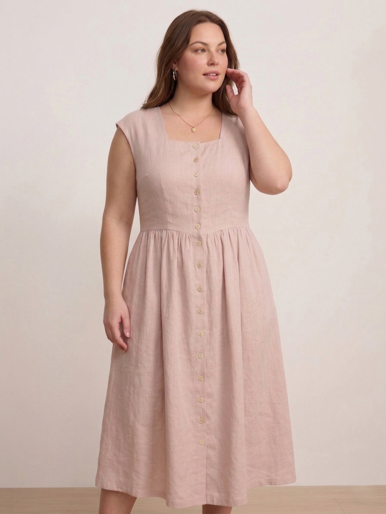 Larui Plus Size Women's Linen  Square Collar Buttons Dress
