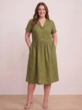 Larui Plus Size Women's Linen  Pocket Short Sleeves Dress
