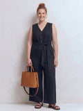 Plus Size Women's Linen Elegant Pocket Jumpsuit With Belted