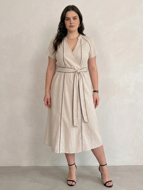 Larui Plus Size Women‘s Linen V Neck Dress With Belted