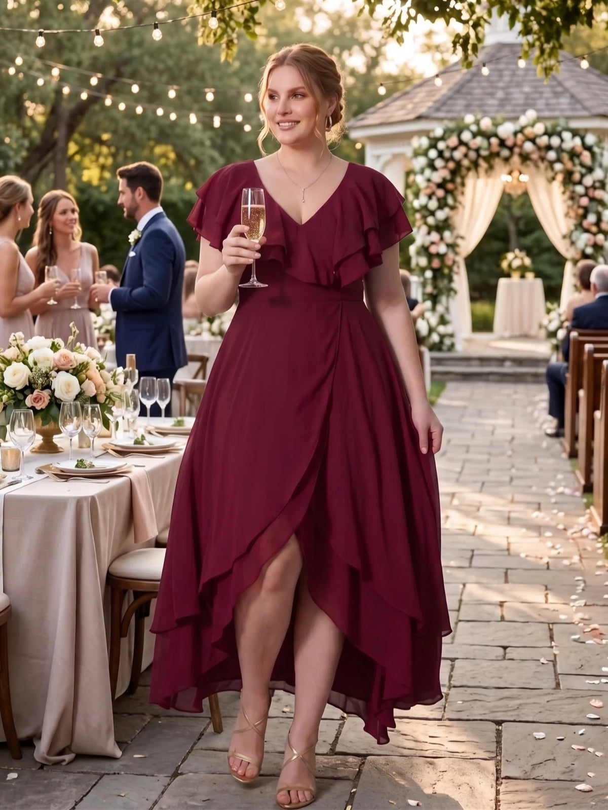 Larui Plus Size Women's Ruffle Sleeve Chiffon Dress