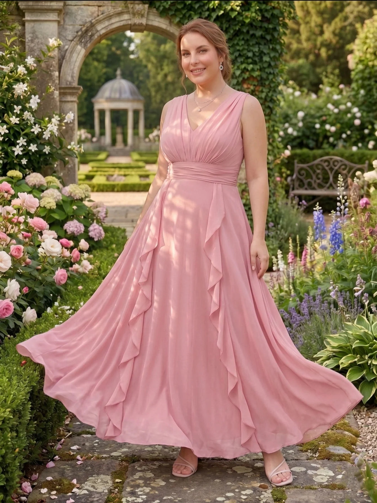 Larui Plus-Size Women's Ruffled Chiffon Dress
