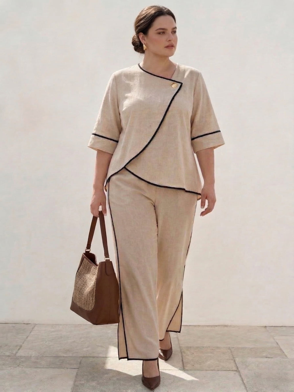 Larui Plus Size Women's Linen Blouse and Pants 2Pcs Sets