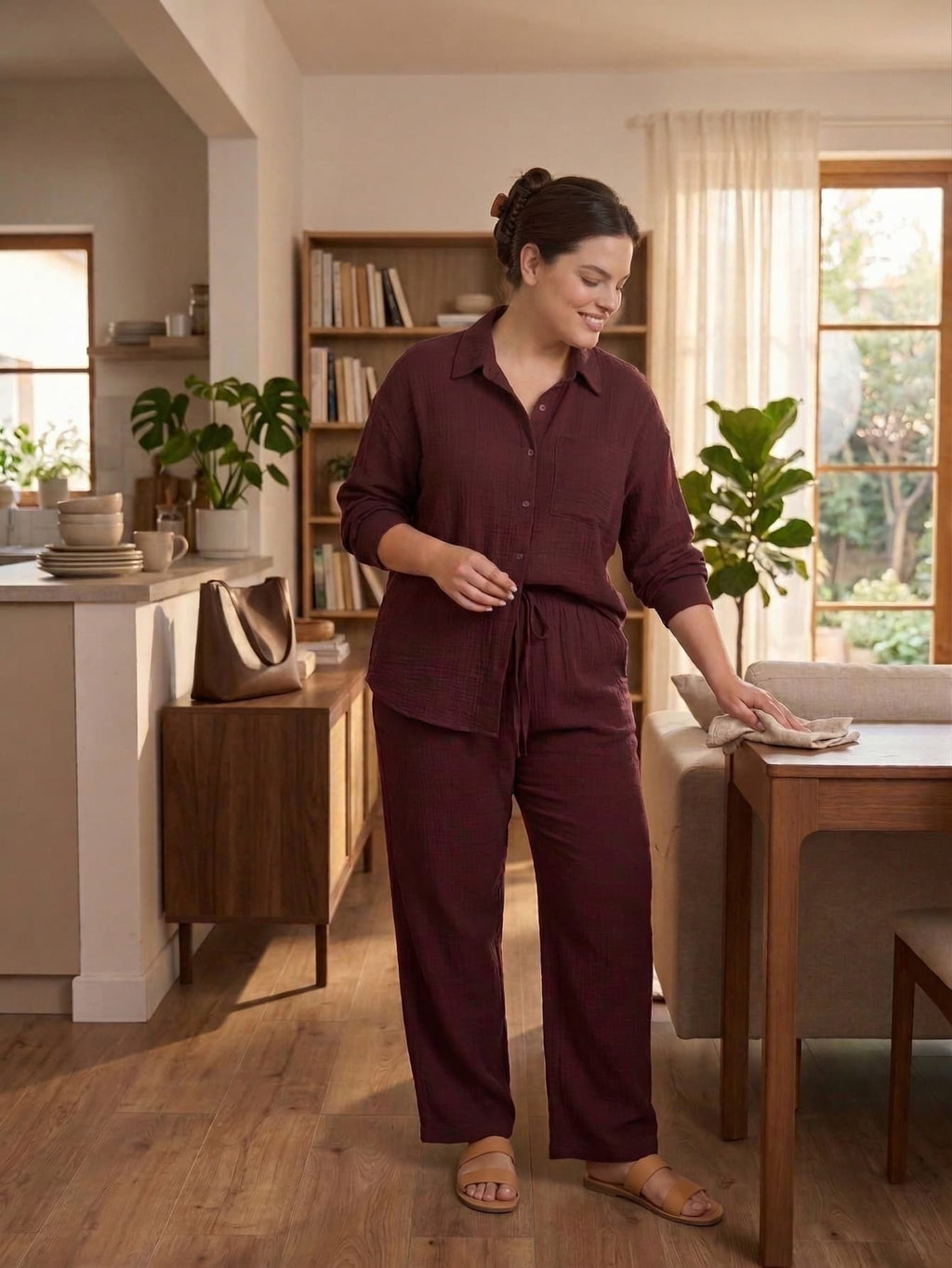 Larui Plus Size Women's Cotton Shirt And Pants 2Pcs Sets