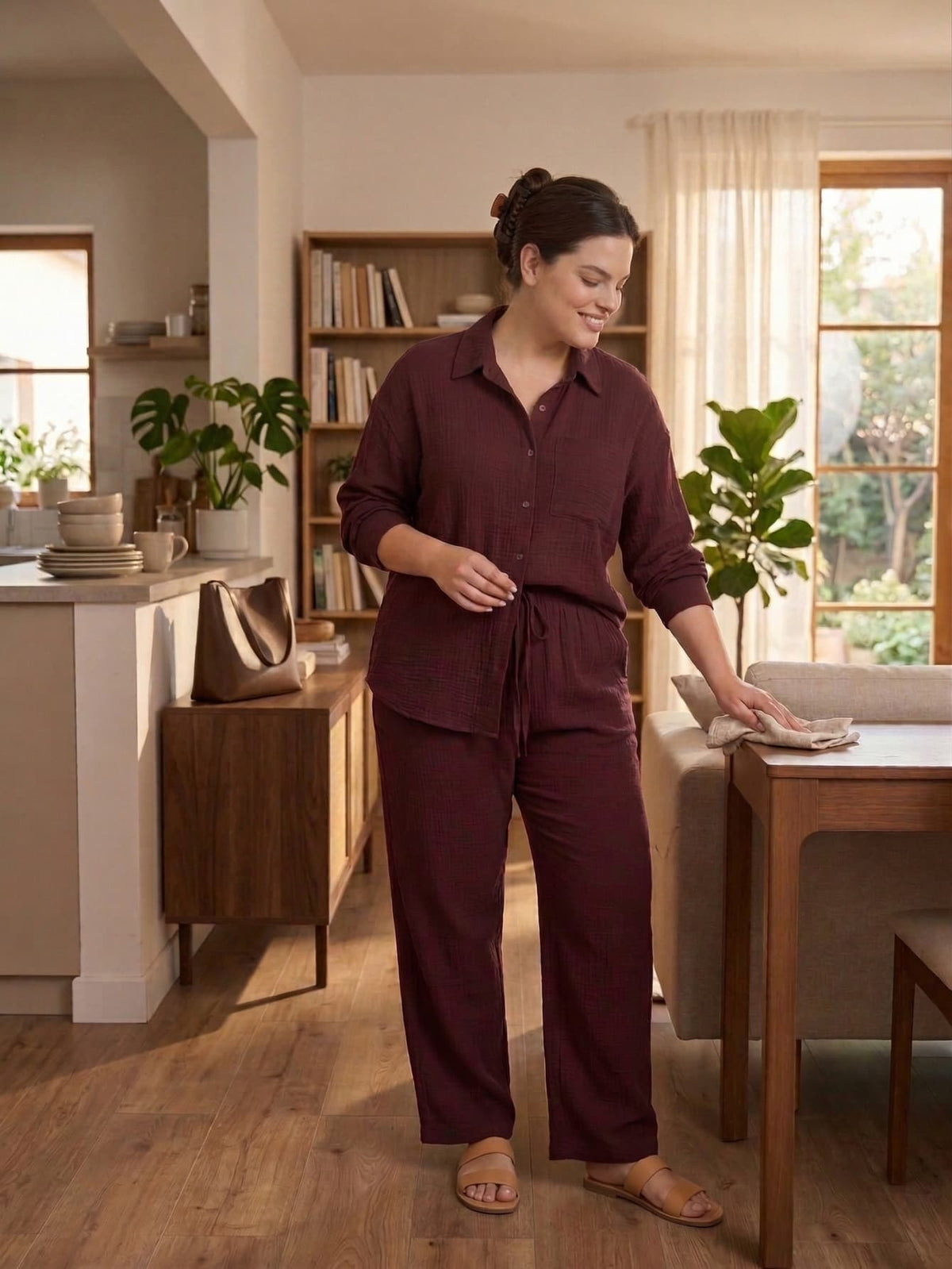 Larui Plus Size Women's Cotton Shirt And Pants 2Pcs Sets