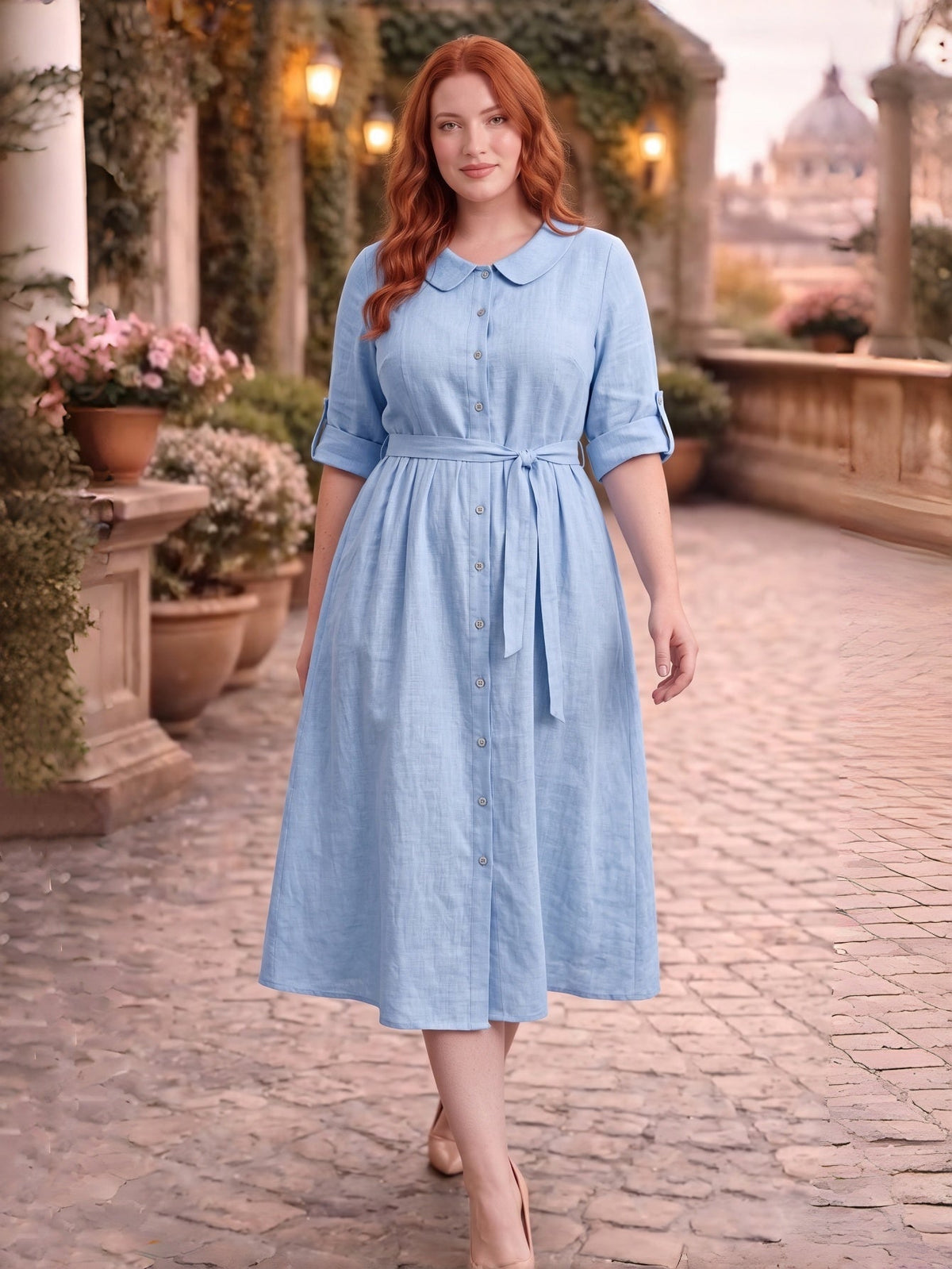 Larui Plus-Size Women's Linen Dress with Peter Pan Collar