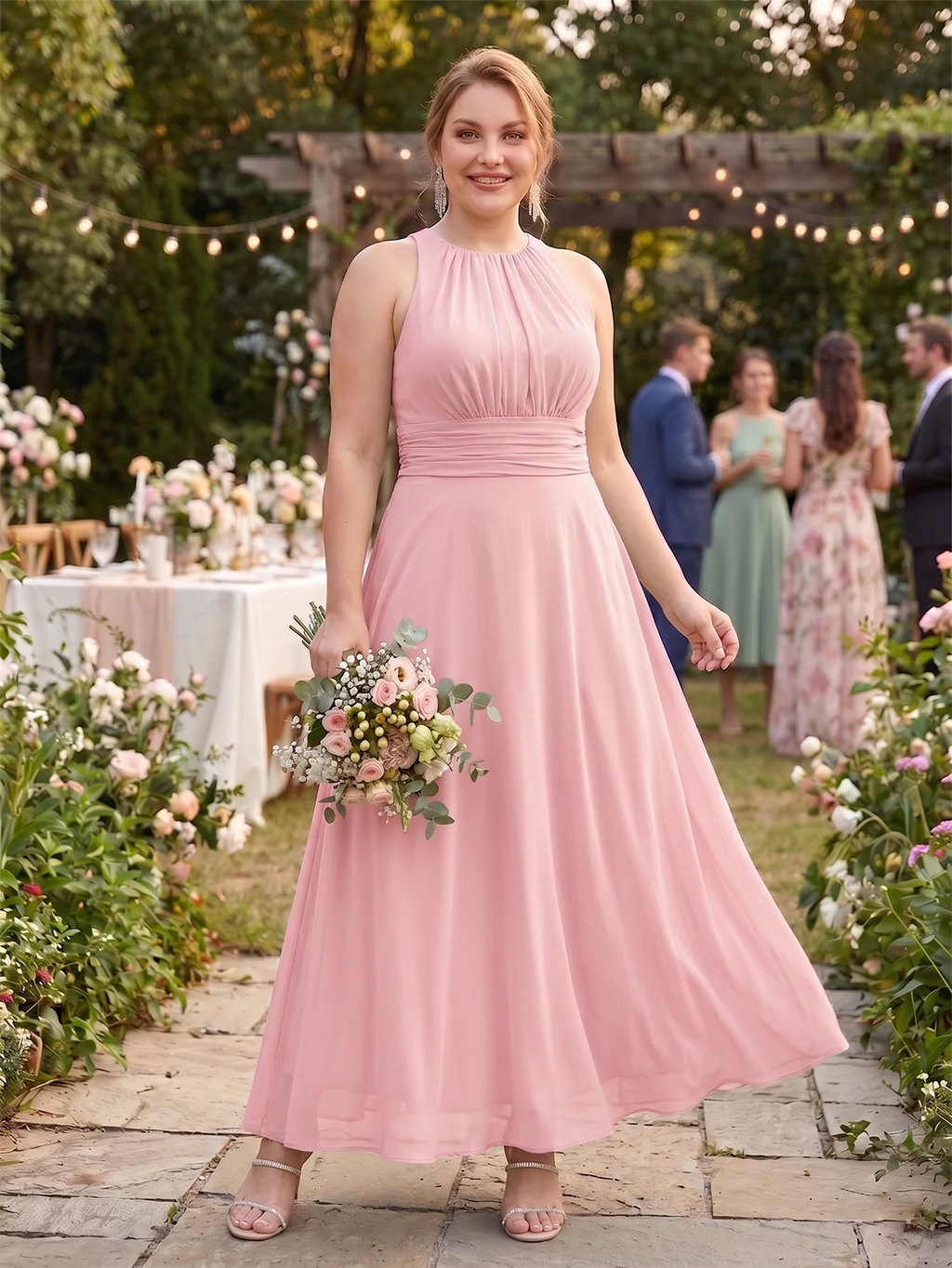 Larui Plus Size Elegant Pleated Chiffon Dress