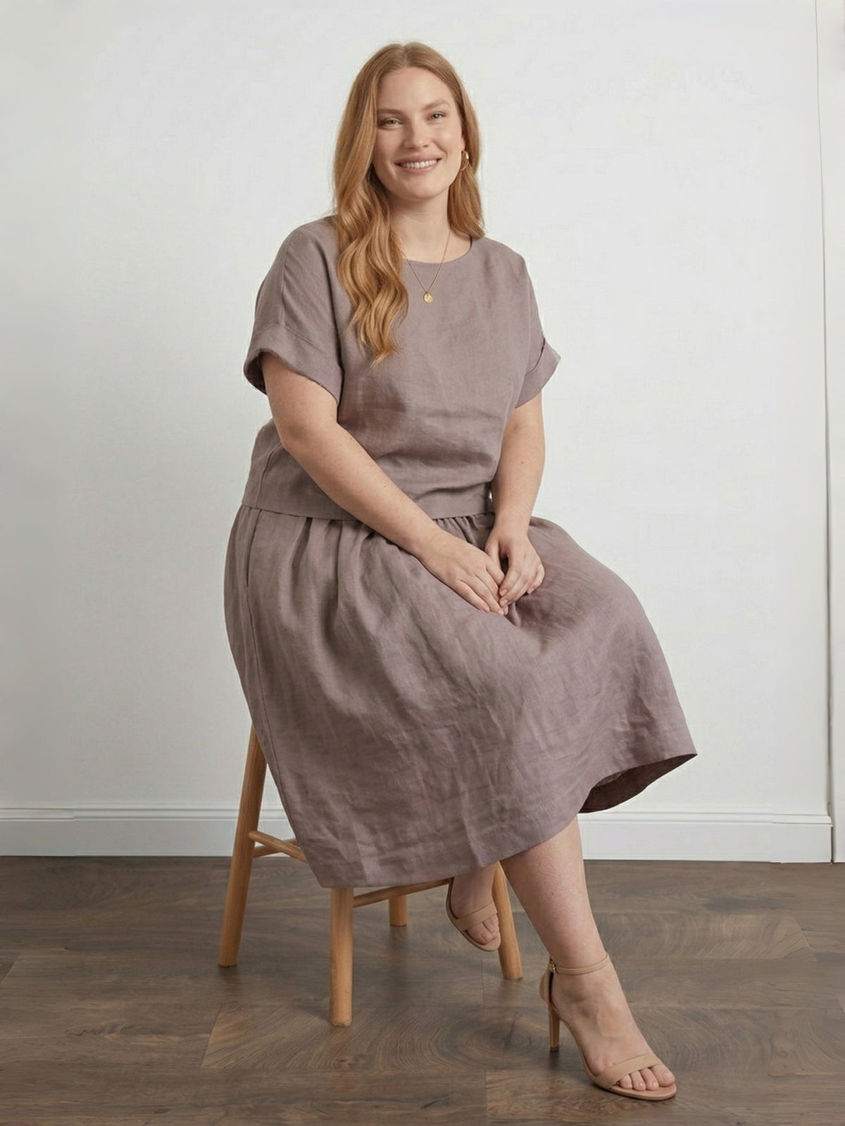 Larui Plus Size Women's Linen Short Sleeves Blouse And Skirt 2Pcs Sets