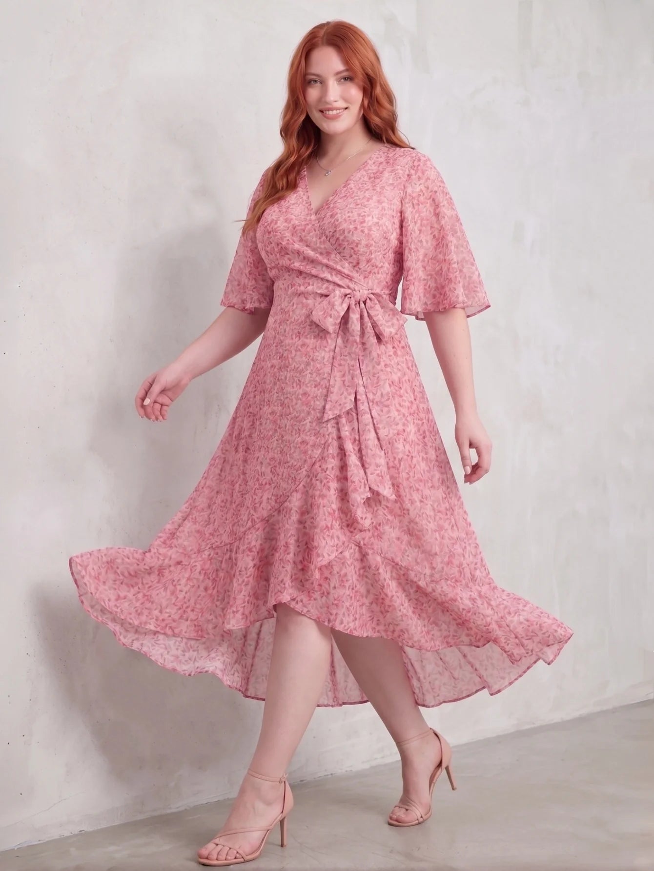 Larui Plus Size Elegant Chiffon Tie-Wrap Dress