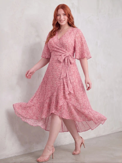 Larui Plus Size Elegant Chiffon Tie-Wrap Dress