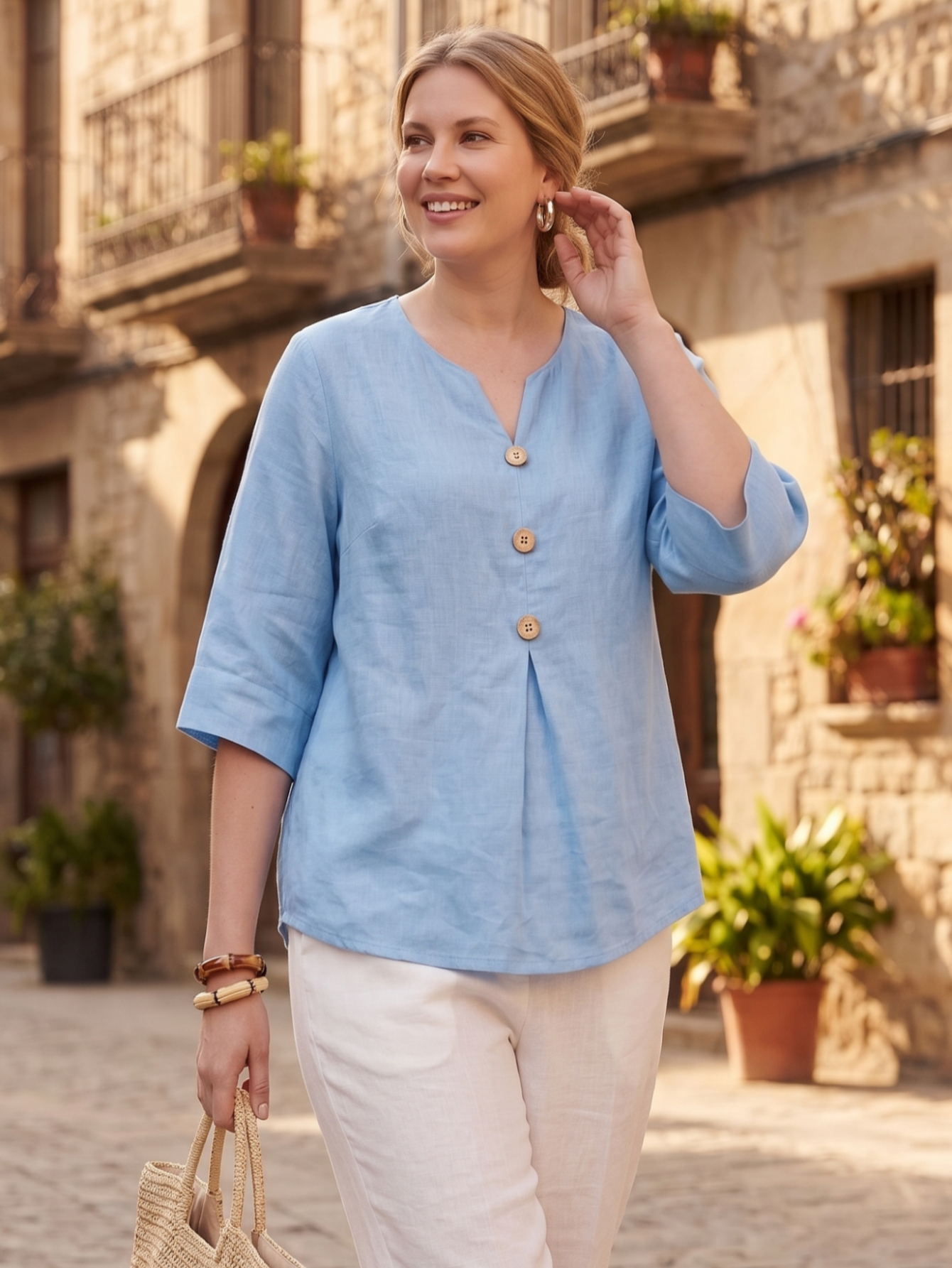 Larui Women's Plus-Size Linen V-Neck 3/4 Sleeve Top