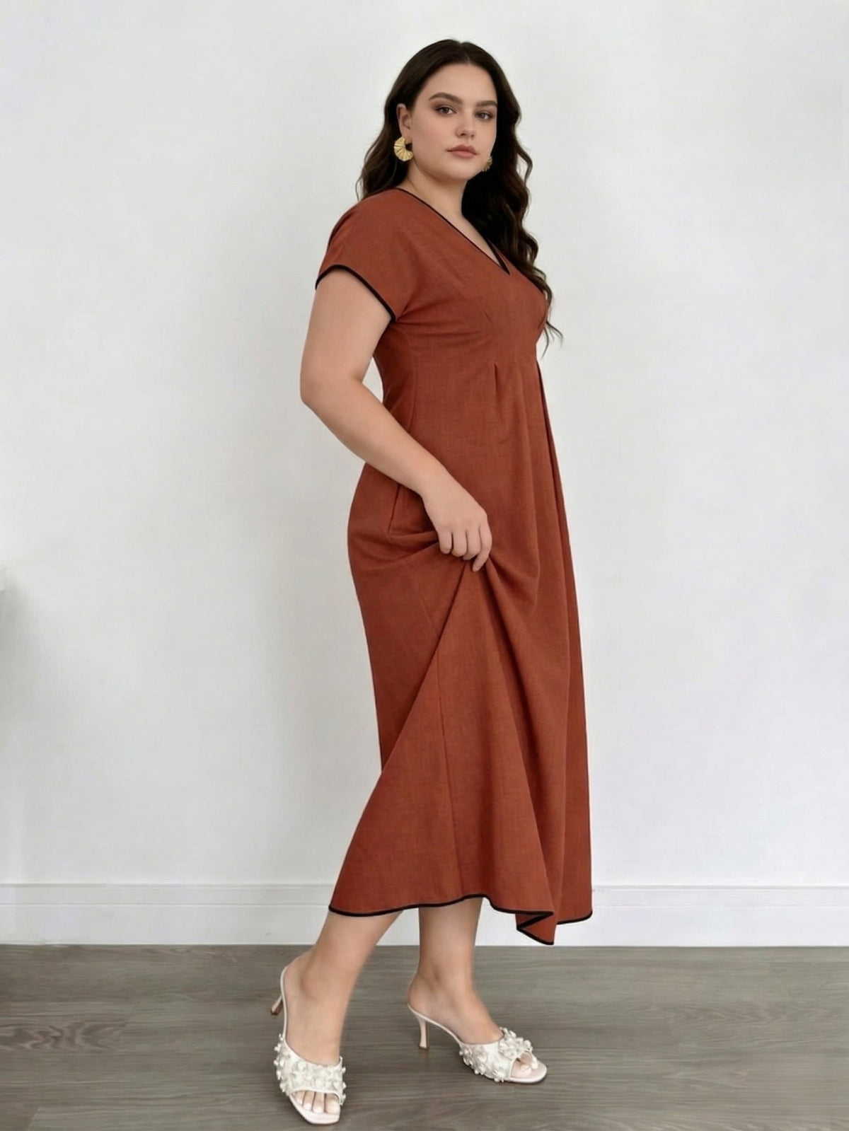 Larui Plus Size Women's Linen V-Neck Dress