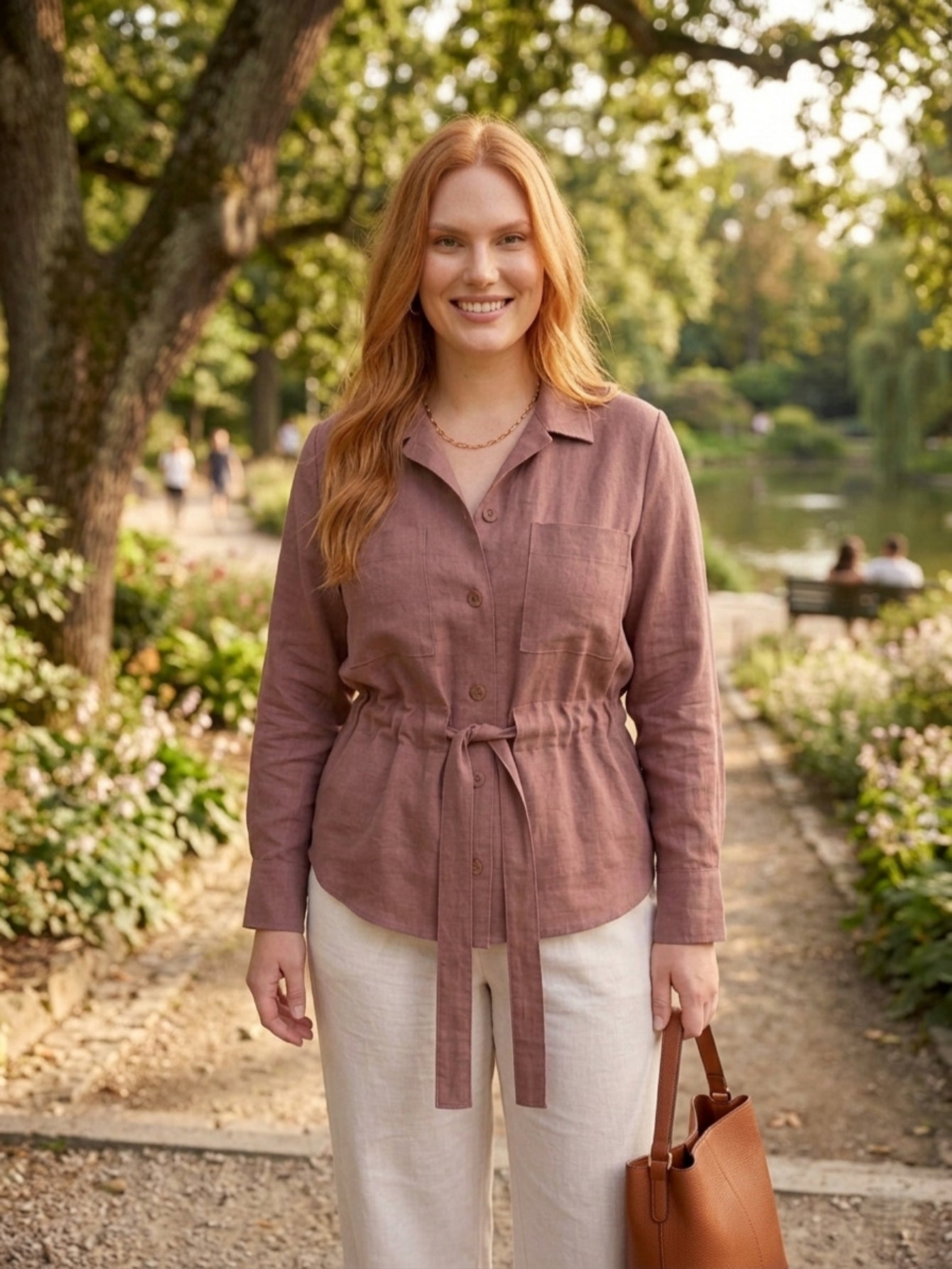 Larui Plus Size Women's Linen Pocket Belted Blouse
