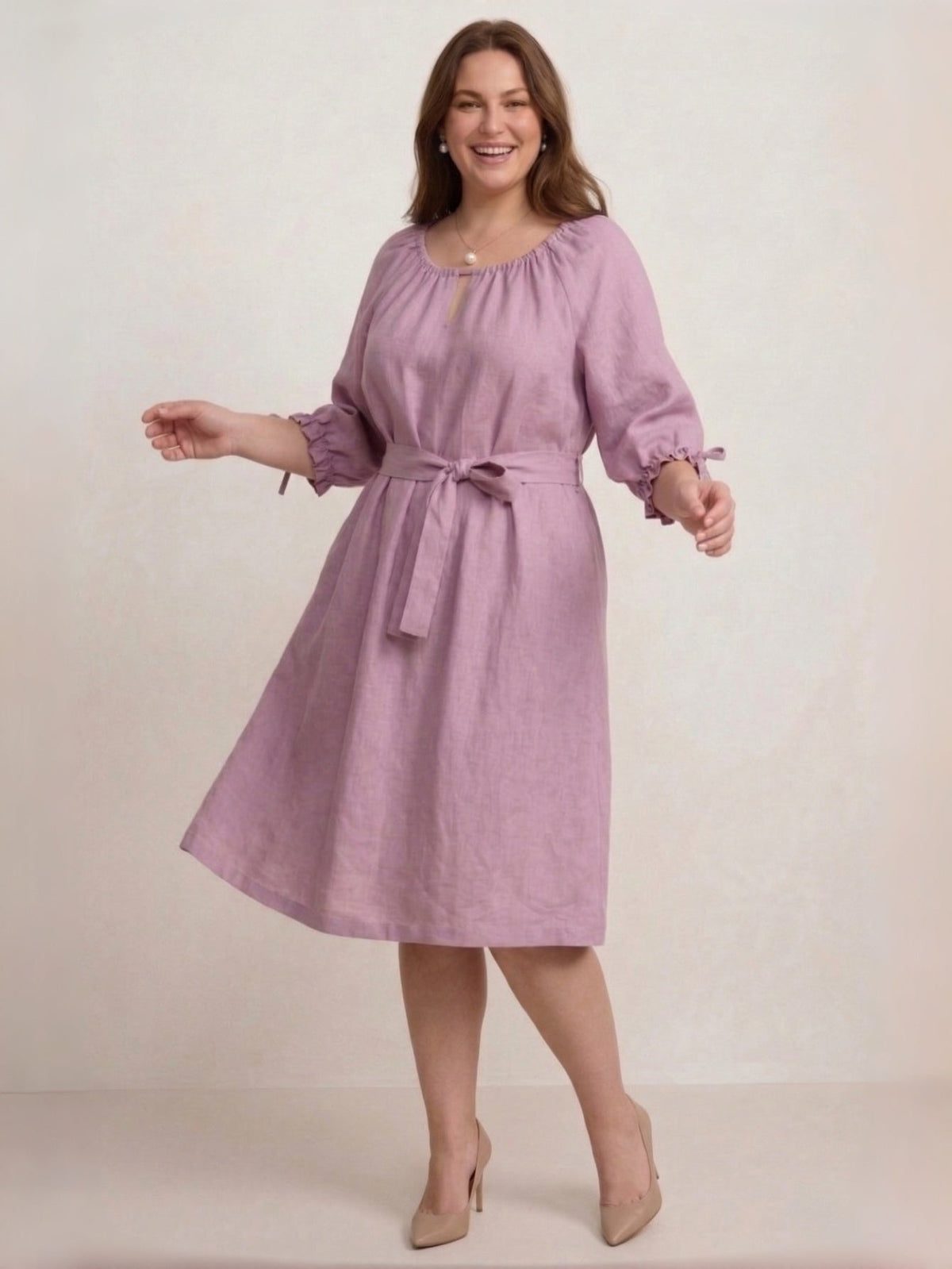 Larui Plus Size Women's Linen 3/4 Sleeves Dress With Belted